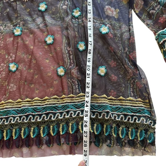 Johnny Was MEDIUM Renley Floral Embroidered Sheer Ruffle 3/4 Length Sleeve Top - Picture 9 of 12